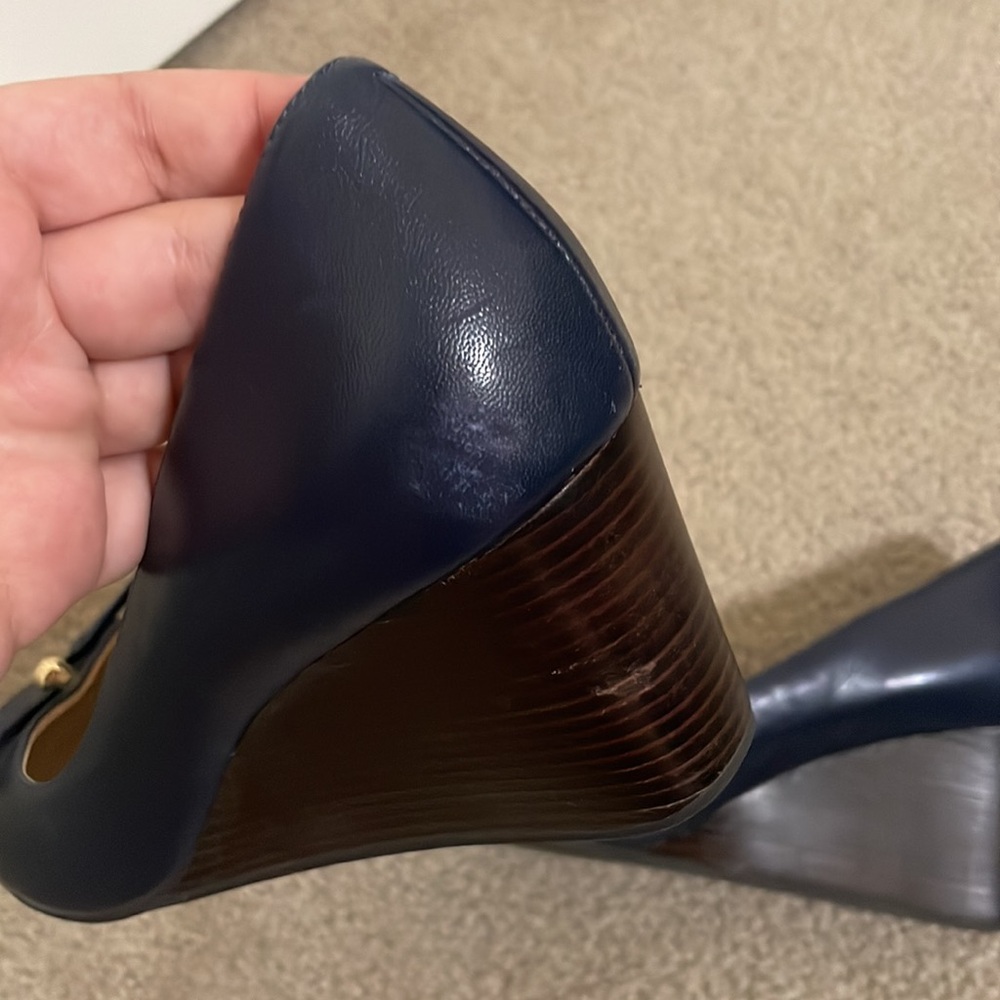 Cole Haan Navy Blue / Brown Wedge Slip On Heels Bow Front Shoes Size 6 - Picture 7 of 9